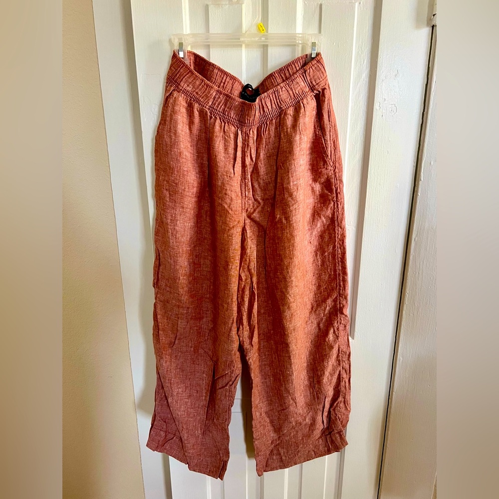 Tahari Womens Linen Wide Leg Pull On Pants Size L Pink European Flax Beachy